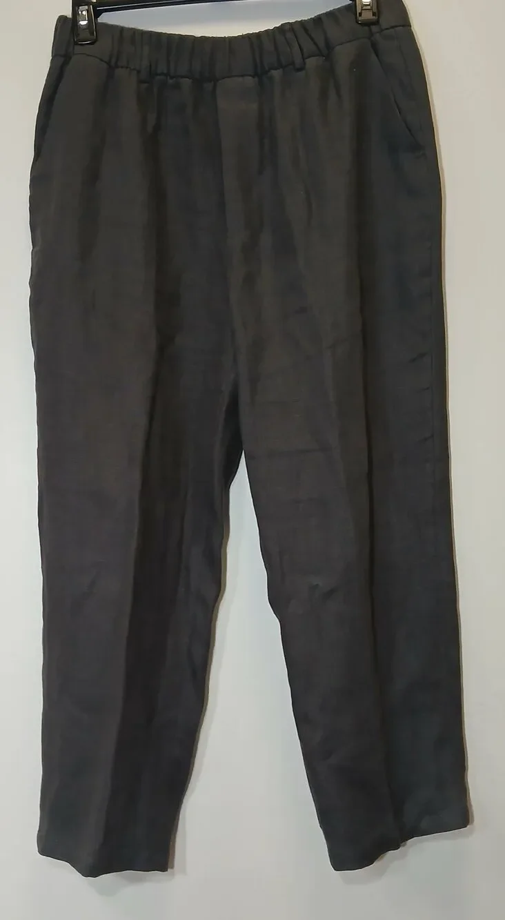 Zara womens large wide leg 100% linen gray pants charcoal gauzy elastic waist